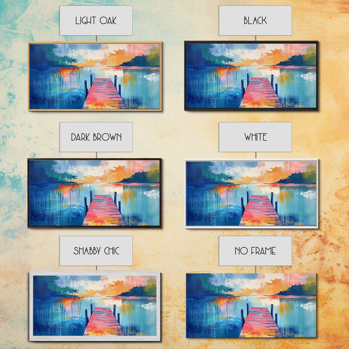 Lake Dock, sunset painting, nautical decor, coastal landscape art, wabi sabi art, extra wide art, rustic decor, Framed Canvas Print