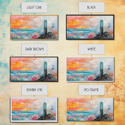 Sunset Over Ocean, pink orange wall art, coastal wall art, abstract seascape, vibrant landscape painting, Framed Canvas Print