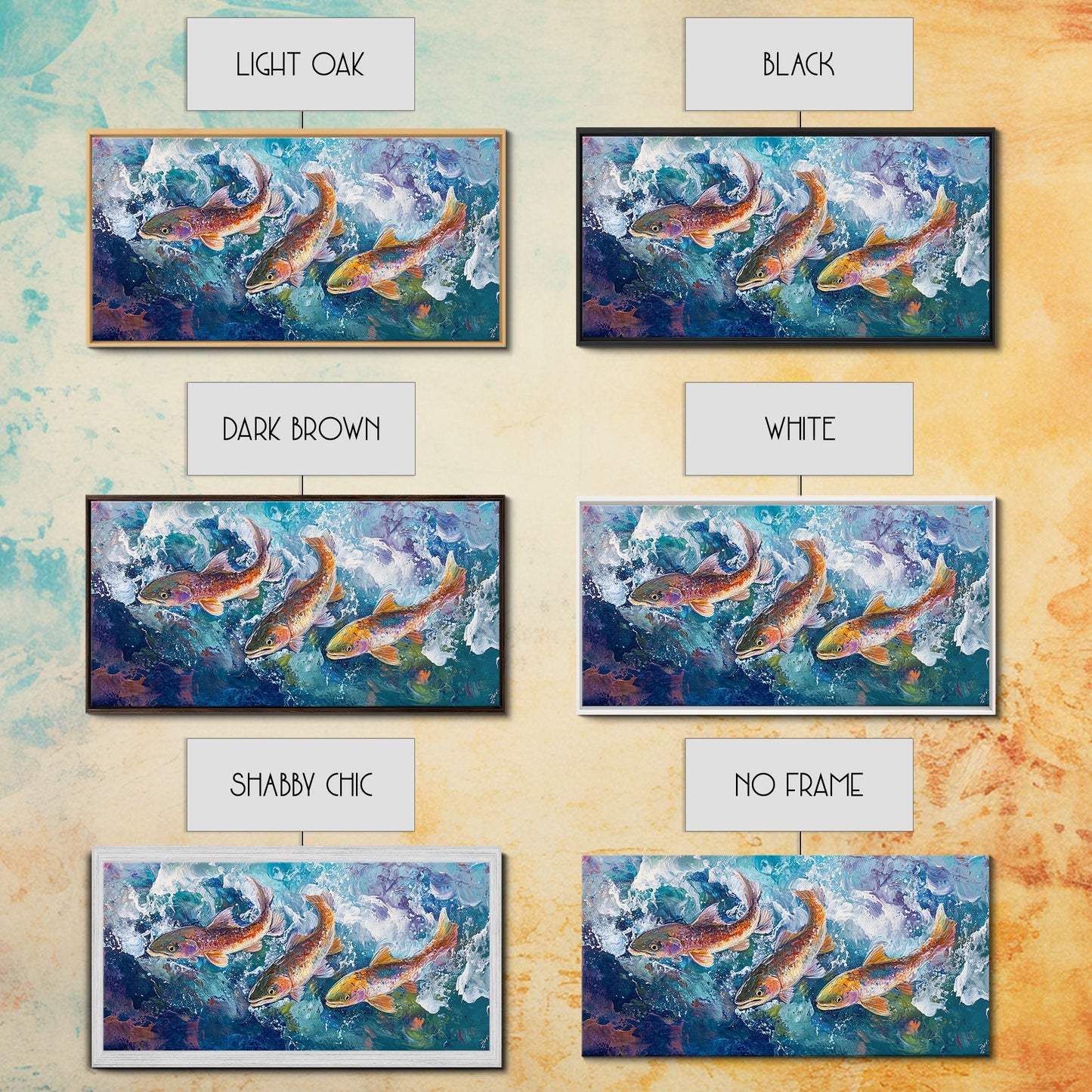 Koi-Fisch-Gemälde, gerahmter Leinwanddruck, Kunst zum Fliegenfischen, Forellenkunst, extra breites Gemälde, farbenfrohes Fischgemälde, Panoramabild