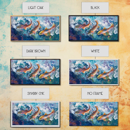 Koi-Fisch-Gemälde, gerahmter Leinwanddruck, Kunst zum Fliegenfischen, Forellenkunst, extra breites Gemälde, farbenfrohes Fischgemälde, Panoramabild