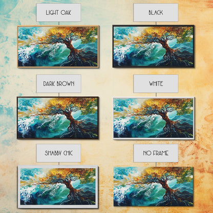 Tree in Waves, Canvas Print, coastal landscape art, wabi sabi art, extra wide painting, ocean painting, panoramic wall art