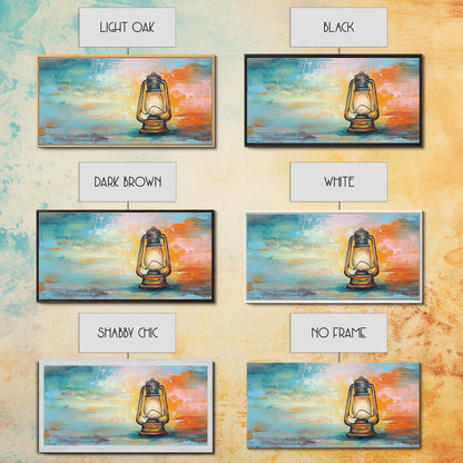 Lantern painting, rustic decor, farmhouse art, boho art, wabi sabi art, warm glow, extra wide art, framed canvas print, moody art