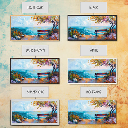 Bank, Meerblick, Herbstbaum, Leinwanddruck, Küstenlandschaftskunst, Seestückgemälde, Wandbild über dem Bett, extra breites Kunstwerk