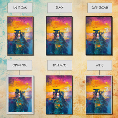 Sunset Pier Painting, Coastal Landscape Art, Vibrant Seascape, Nautical Wall Art, Bold Color Decor, Framed Canvas Print