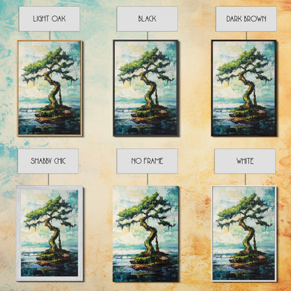bonsai tree painting, zen wall art, coastal landscape art, blue and green wall art, wabi sabi art, Framed Canvas Print, botanical prints
