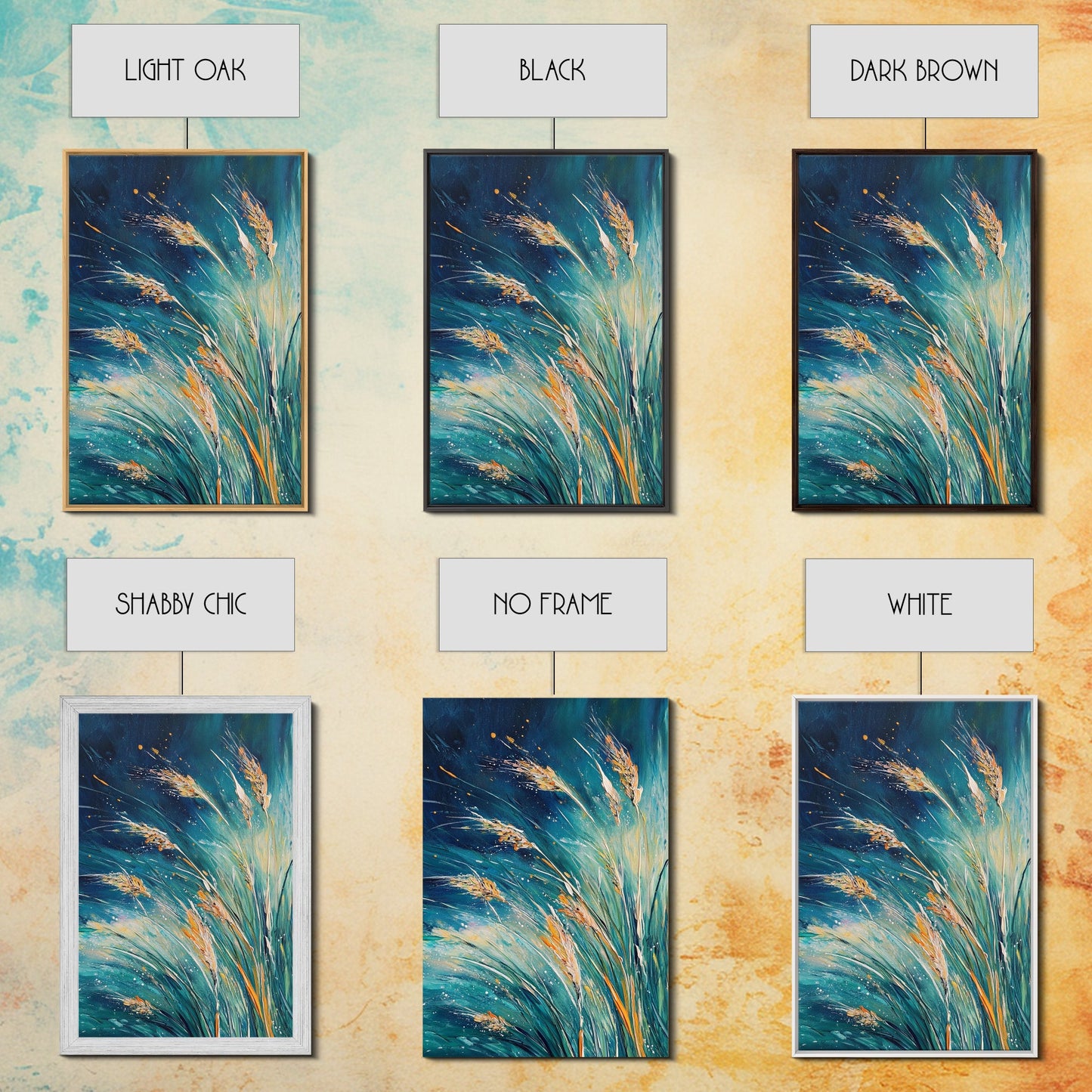 Wheat Fields Framed Canvas Print Rustic Farmhouse Wall Art, Deep Blue Abstract Painting, Autumn Home Decor, Cozy Country Living