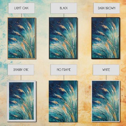 Wheat Fields Framed Canvas Print Rustic Farmhouse Wall Art, Deep Blue Abstract Painting, Autumn Home Decor, Cozy Country Living