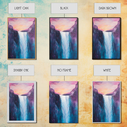 Waterfall Sunset, Moody Art, Mountain Painting, Landscape Painting, Pink Orange Wall Art, Above Couch Art, Canvas Print