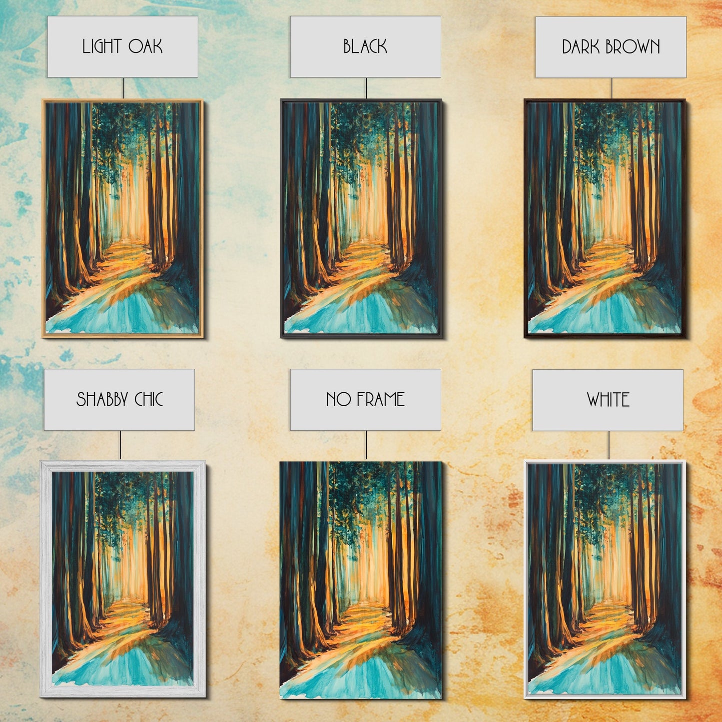 Golden Forest, moody art, pine tree art, wabi sabi wall art, landscape painting, rustic decor, Framed Canvas Print, autumn decor