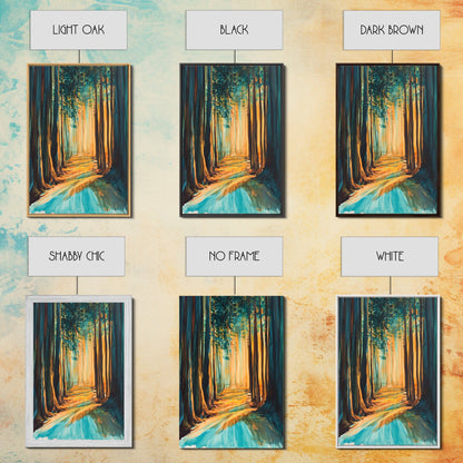 Golden Forest, moody art, pine tree art, wabi sabi wall art, landscape painting, rustic decor, Framed Canvas Print, autumn decor