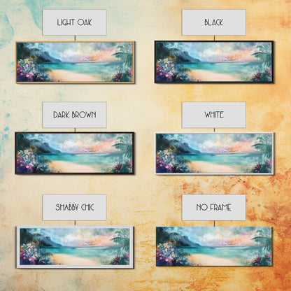 Tropical Beach Paradise Framed Canvas Print, Vibrant Ocean Wall Art, Hawaii Sunset Painting, Coastal Living Room Decor, Relaxing Art