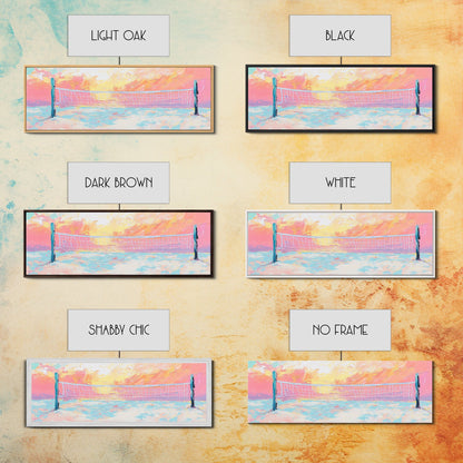 Sunset Beach Volleyball Painting, Pastel Ocean Sports Art, Fun Summer Wall Decor, Playful Living Room, Framed Canvas Print