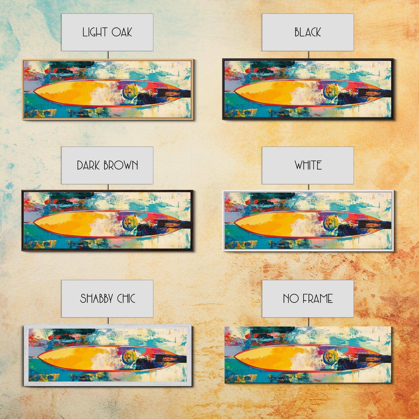 Abstract Surfboard Framed Canvas Print Coastal Beach House Wall Art, Vibrant Surfing Decor, Colorful Ocean Painting, Modern Boho Art