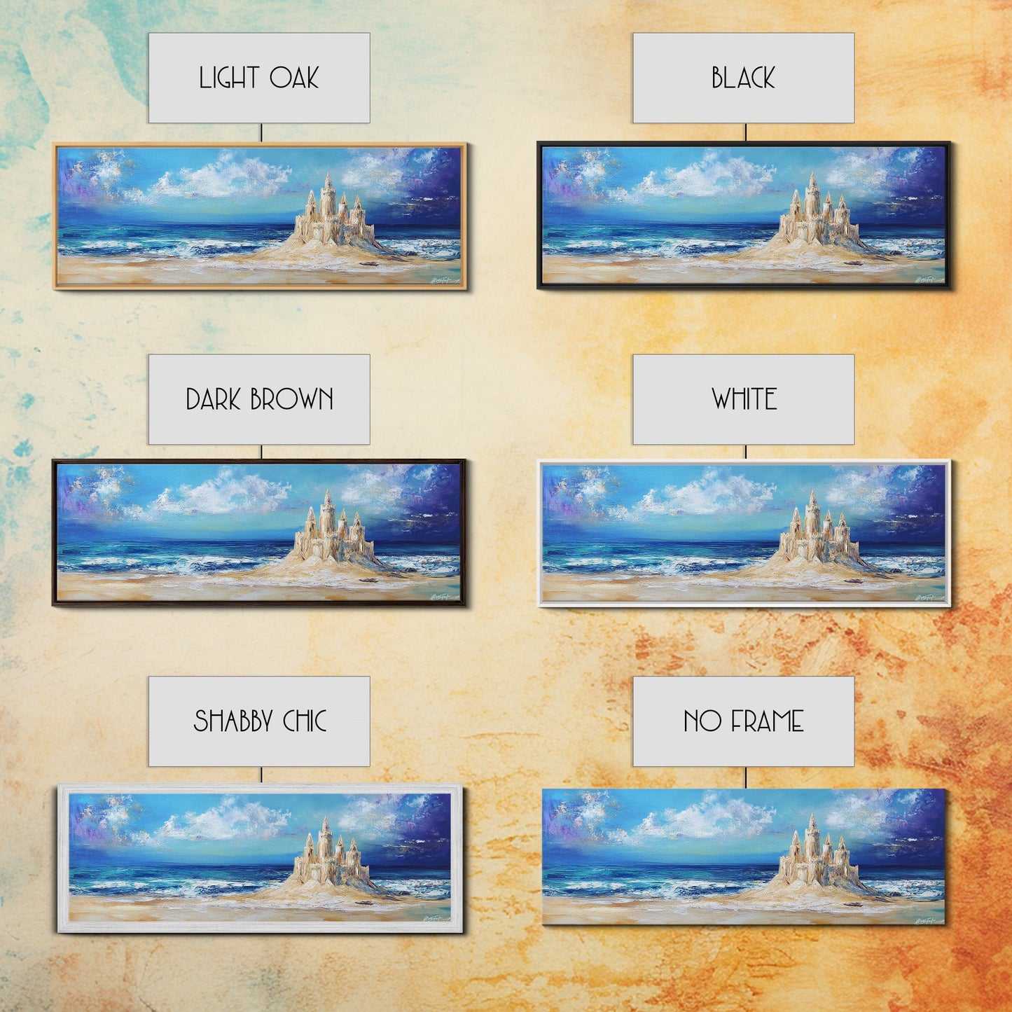 Fantasy Sandcastle Seascape Framed Canvas Print, Beach House Wall Art, Nautical Painting, Whimsical Ocean Scene, Kids Room Decor