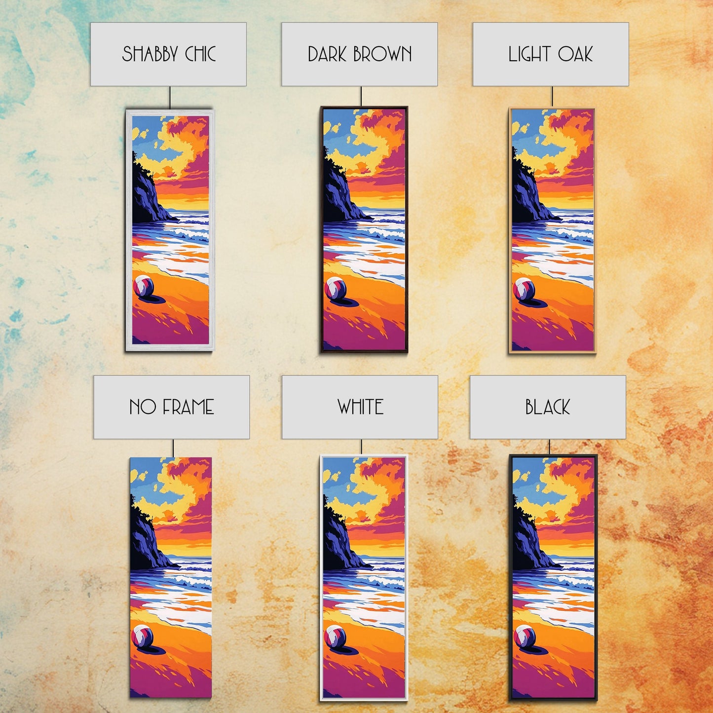 Beach Ball, Ocean Shore, Vibrant Sunset Art, Serene Seaside Print, Bold Beach House Decor, Relaxing Wall Aesthetic, Framed Canvas Print