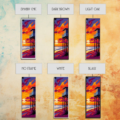 Lifeguard Tower, Ocean Sunset, Beach House Art, Framed Canvas Print, Coastal Wall Decor, Vibrant Seascape Painting, Nautical Decor