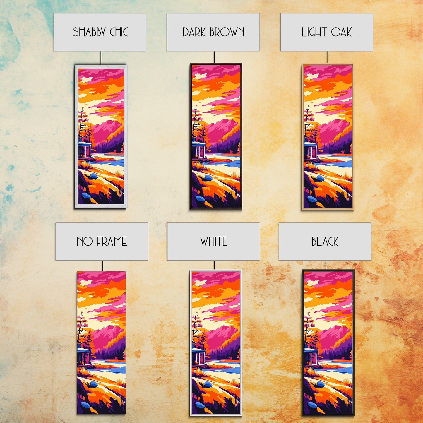 Sonnenuntergangsszene mit Hütte, gerahmter Leinwanddruck, lebendige Berglandschaft, Seelandschaft, gemütliche Hüttendekoration, Naturnahe Wohndekoration, rustikale Wandkunst