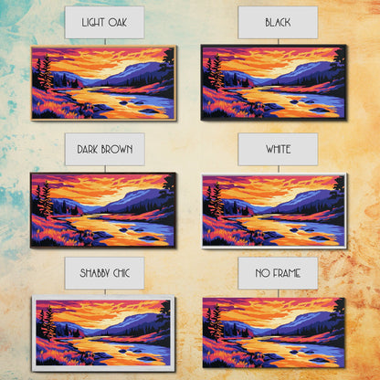 „Bergfluss im Glanz“, Leinwanddruck, Ruhige Landschaftskunst, Lebendige Naturszene, Rustikale Wanddekoration, Wohnzimmerkunst, Hüttenästhetik