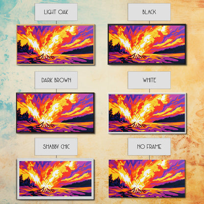 Campfire Blaze, Night Sky Glow, Framed Canvas Print, Cozy Cabin Wall Art, Rustic Living Room, Adventure Decor, Warm Autumn Colors