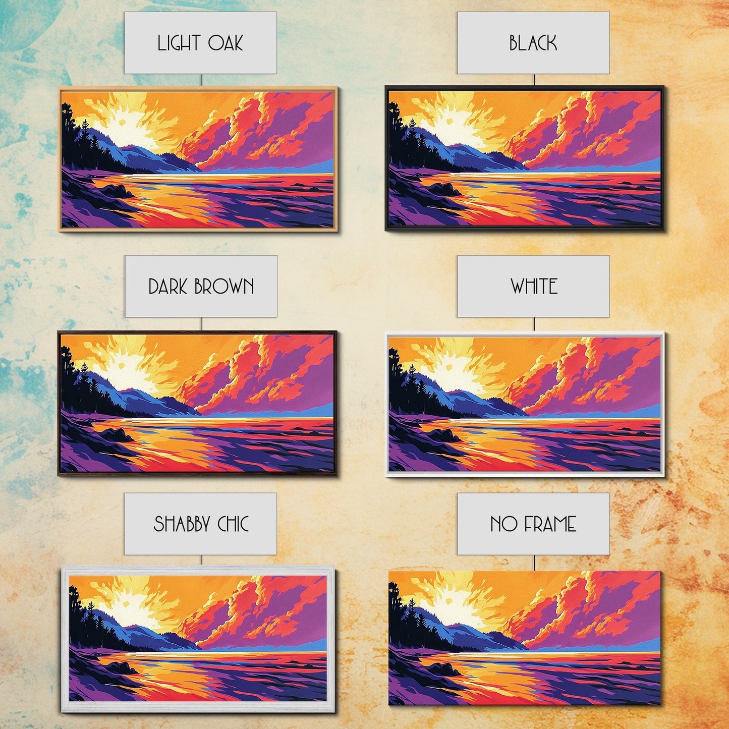 Lakeside Sunset, Vibrant Landscape Art, Warm Color Nature Scene, Bold Scenic Print, Framed Canvas Print, Living Room Wall Art