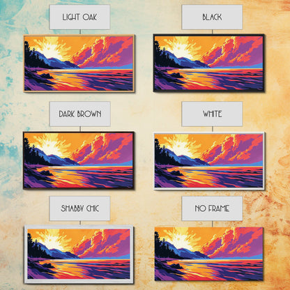 Lakeside Sunset, Vibrant Landscape Art, Warm Color Nature Scene, Bold Scenic Print, Framed Canvas Print, Living Room Wall Art