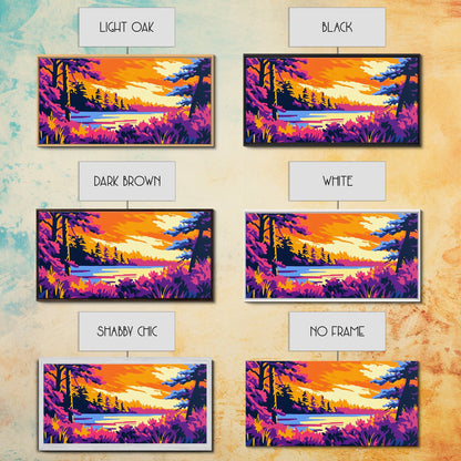 Forest Lake, Autumn Sunset, Vibrant Nature Scene, Rustic Cabin Wall Art, Cozy Home Aesthetic, Framed Canvas Print