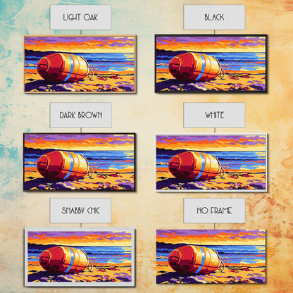 Beach Buoy, Coastal Sunset Painting, Vibrant Nautical Art, Ocean Shore Decor, Framed Canvas Print, Bathroom Wall Art, Beach House Style