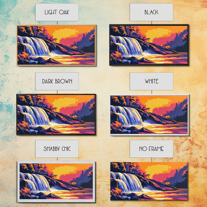 Waterfall, Forest, Autumn Sunset, Peaceful Scenery, Framed Canvas Print, Cabin Retreat, Rustic Home, Relaxing Nature, Vibrant Colors