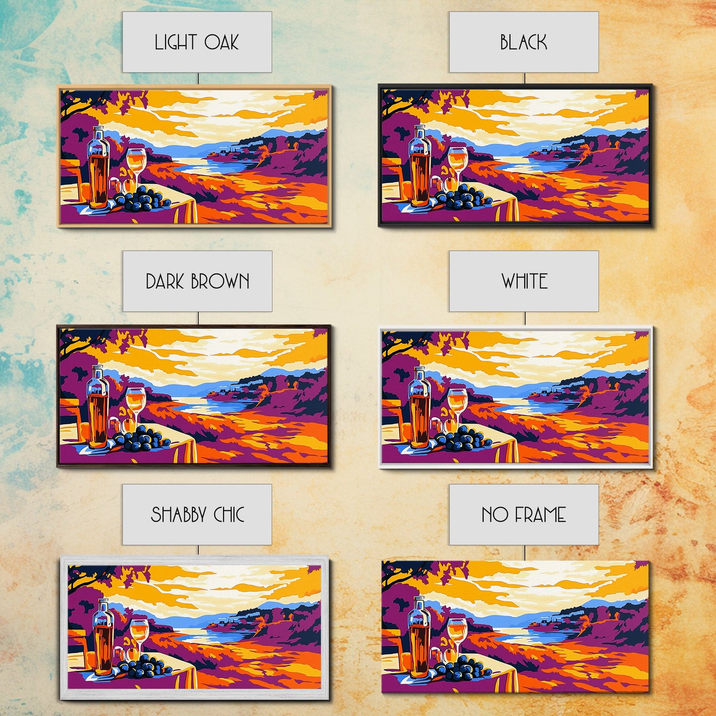 Wine and Sunset, Coastal Vineyard Art, Framed Canvas Print, Kitchen Wall Decor, Rustic Countryside Art, Tuscany Inspired