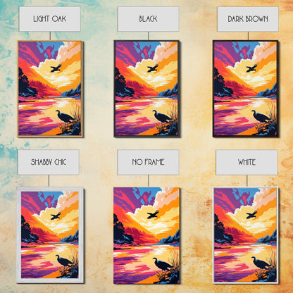 Sunset River, Birds, Framed Canvas Print, Vibrant Nature Art, Wildlife Wall Art, Autumn Landscape, Office Artwork, Colorful Sunset Scene