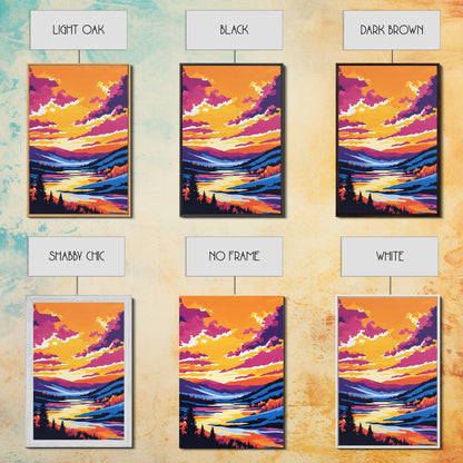 Sunset Valley, Reflection, Framed Canvas Print, Mountain River Art, Vibrant Landscape, Living Room Wall Art, Rustic Home Decor