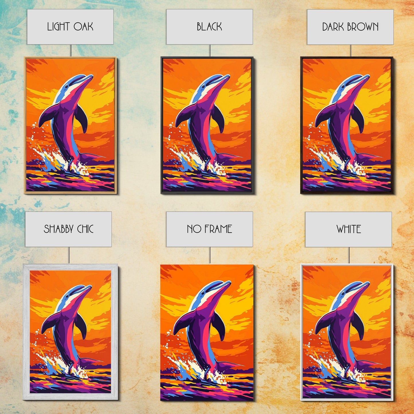 Dolphin Ocean, Sunset, Framed Canvas Print, Vibrant Sea Life Art, Beach House Decor, Coastal Living Art, Sunset Painting, Nautical Theme