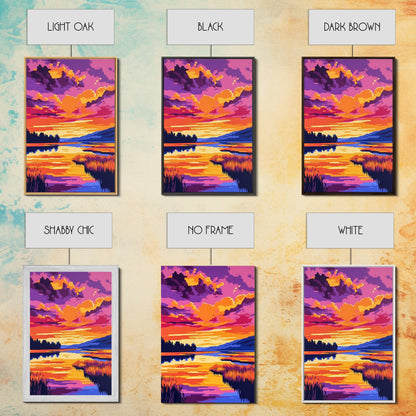 Sonnenuntergangsspiegelung, lebendige Naturkunst, Herbstlandschaft, malerische Wanddekoration, gerahmter Leinwanddruck, Wandbild fürs Wohnzimmer, Boho-Kunst