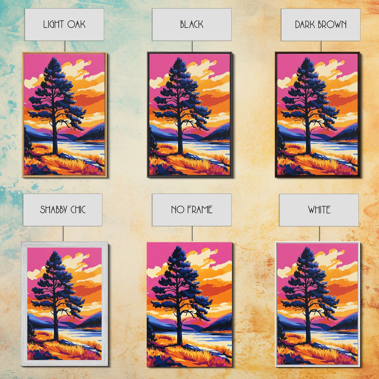 Lone Tree, Mountain Landscape, Vibrant Nature Art, Sunset Painting, Framed Canvas Print, Wilderness Decor, Autumn Wall Art, Office Decor
