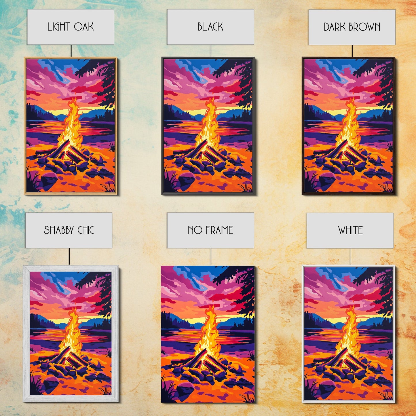 Campfire at Sunset, Framed Canvas Print, Cozy Outdoor Scene, Vibrant Warm Colors, Rustic Cabin Wall Art, Nature Art, Living Room Accent