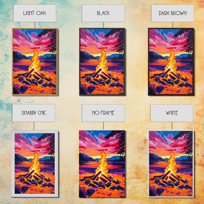 Campfire at Sunset, Framed Canvas Print, Cozy Outdoor Scene, Vibrant Warm Colors, Rustic Cabin Wall Art, Nature Art, Living Room Accent