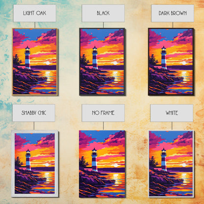 Leuchtturm, Sonnenuntergang, Küste, Meereslandschaft, gerahmter Leinwanddruck, nautische Dekoration, Wandbild fürs Strandhaus, lebendiges Ozeangemälde, Wohnzimmerkunst