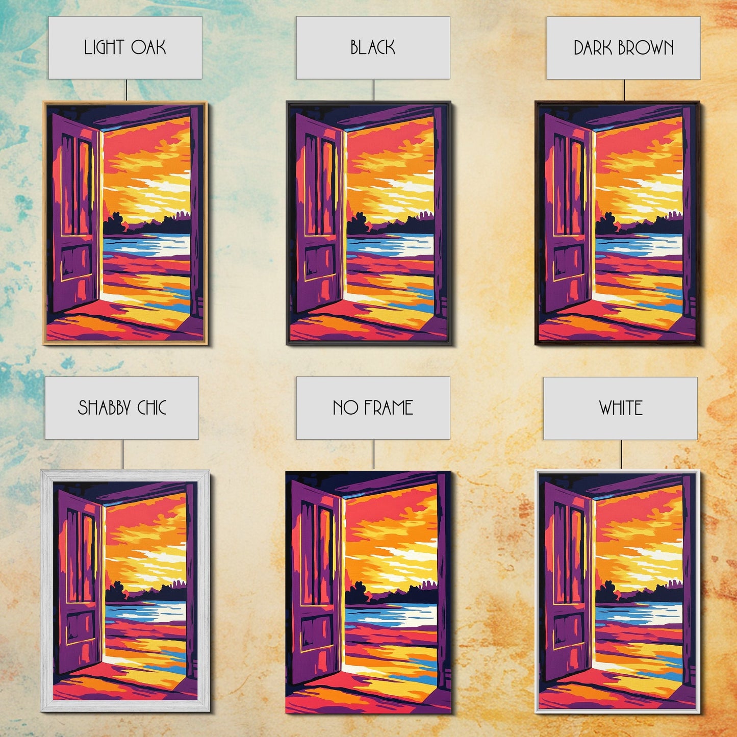 Offene Tür, Sonnenuntergangsmotiv, Gemälde mit warmem Licht, Einladende Wohndekoration, Inspirierende Wandkunst, Gemütliche Inneneinrichtung, Gerahmter Leinwanddruck