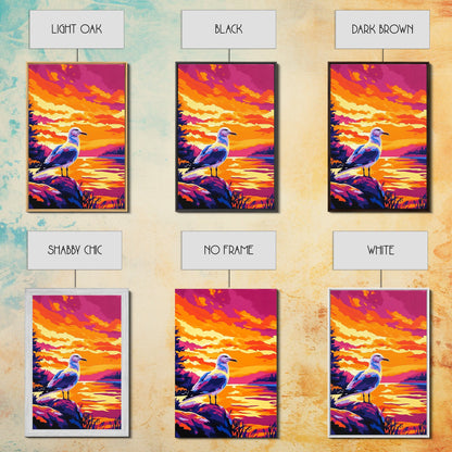 Seagull Sunset Art, Coastal Bird Painting, Ocean Landscape Print, Beach House Wall Decor, Framed Canvas Print, Nautical Bedroom Artwork