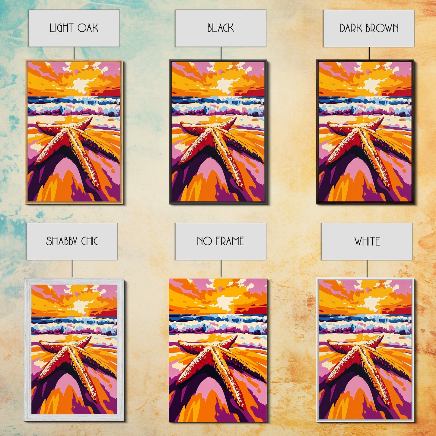 Starfish Beach, Ocean Sunset, Coastal Decor, Framed Canvas Print, Nautical Wall Art, Beach House Decor, Vibrant Painting, Summer Vibes