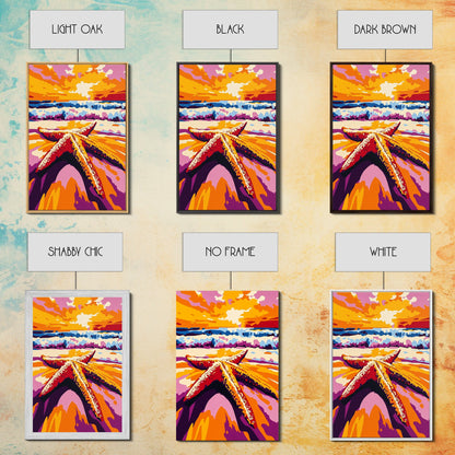 Starfish Beach, Ocean Sunset, Coastal Decor, Framed Canvas Print, Nautical Wall Art, Beach House Decor, Vibrant Painting, Summer Vibes