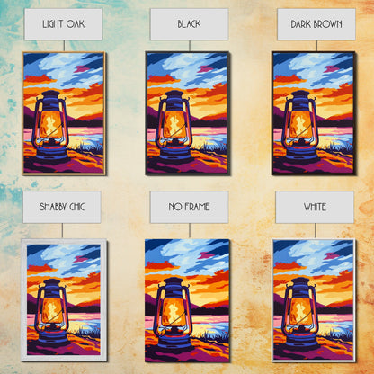Lantern Glow, Rustic Camping Art, Warm Night Scene, Sunset Painting, Framed Canvas Print, Cabin Wall Art, Nature Decor, Outdoor Aesthetic