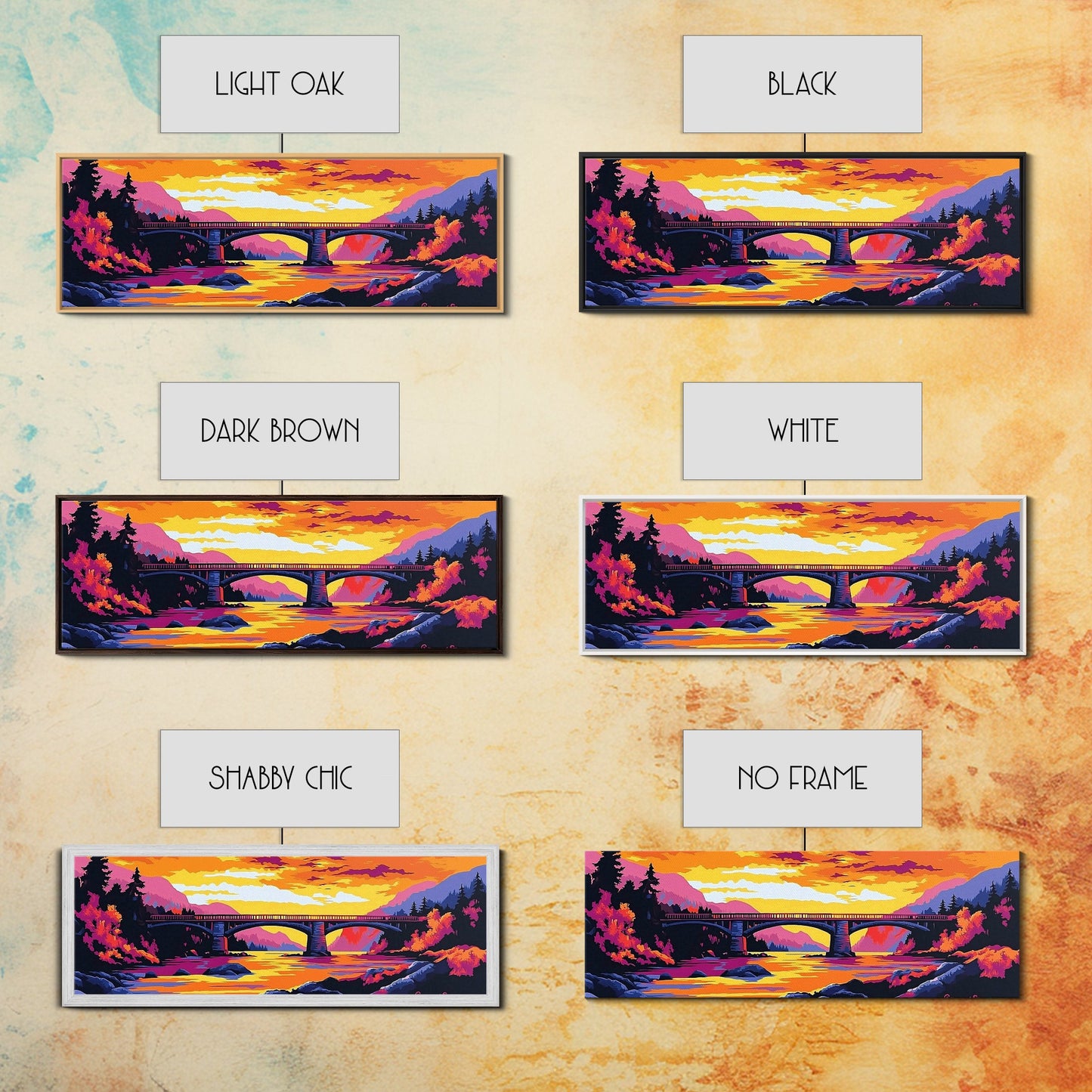 Stone Bridge, River Sunset, Autumn Art, Nature Scene, Living Room Wall Art, Colorful Home Decor, Canvas Print, Modern Landscape