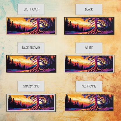 Lebendiger Baum, Sonnenuntergangsmotiv, gerahmter Leinwanddruck, Natur-Wanddeko, psychedelische Kunst, Boho-Landschaft, großes Wandbild, Bürodekoration