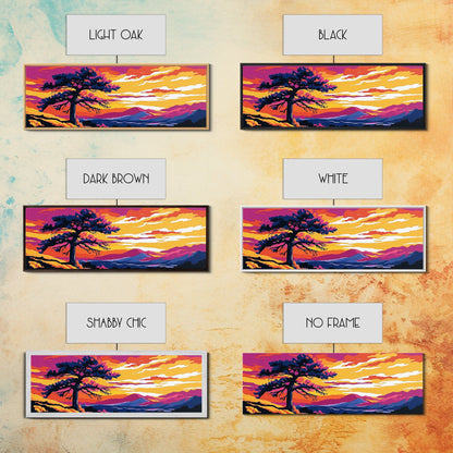 Lone Tree Art, Sonnenuntergangslandschaft, Naturwanddeko, Bergblick, Rustikale Wohnkunst, Südwest-Ästhetik, Großes Wandbild, Leinwanddruck