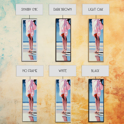 Barefoot Beach Walk, Pink Dress, Coastal Elegance, Framed Canvas Print, Summer Art, Bedroom or Entryway Decor, Relaxing Aesthetic