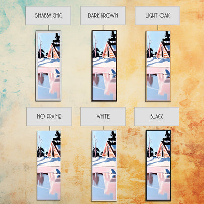 Winterhütte, verschneite Spiegelungen, gerahmter Leinwanddruck, gemütliches rustikales Wandbild, nordische Ästhetik, minimalistische Landschaft, Schlafzimmerdekoration