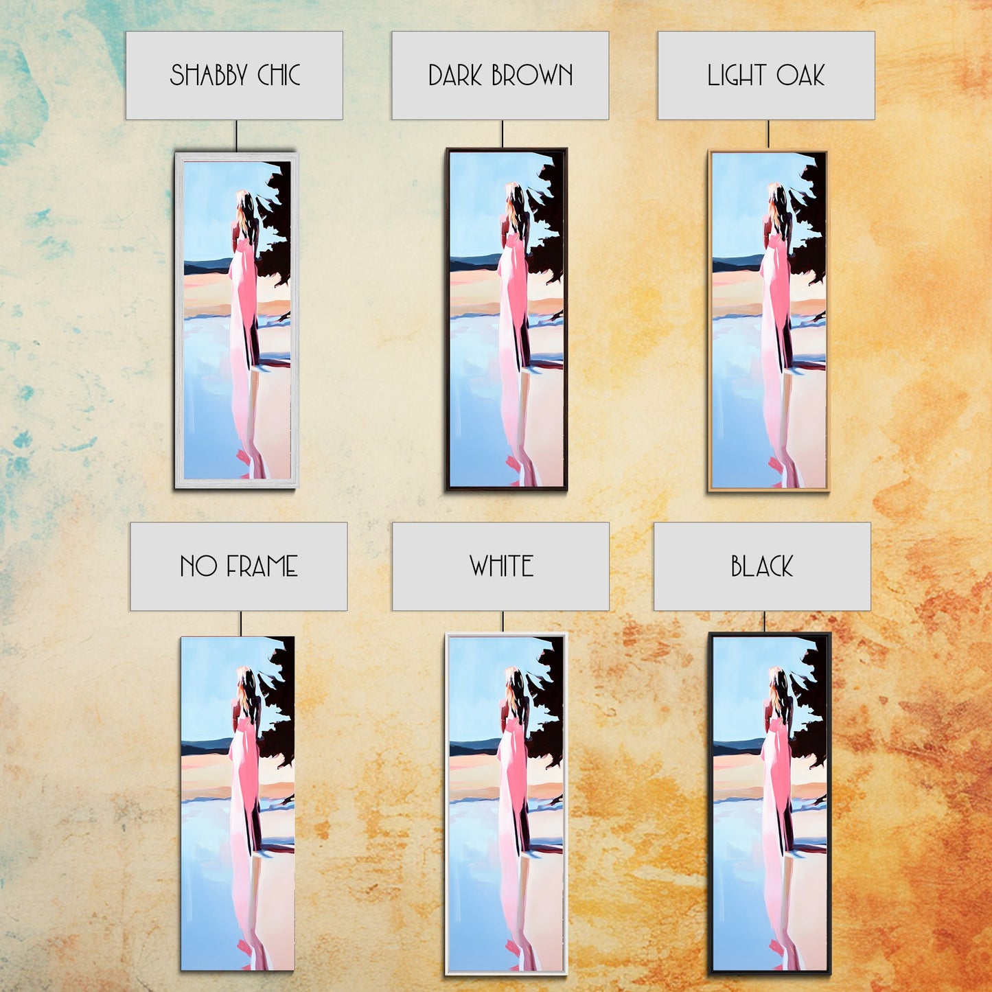 Ruhige Frau, Naturspiegelung, Zarte Pastellfarben, Friedliche Landschaft, Gerahmter Leinwanddruck, Minimalistische Kunst, Friedliche Wohndekoration