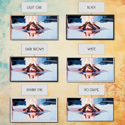 Gemütliches Lagerfeuer, Feuerspiegelung, Lagerfeuerglühen, Herbstnacht, gerahmter Leinwanddruck, Wandbild für die Hütte, rustikale Dekoration, warme Atmosphäre, Herbstkunst