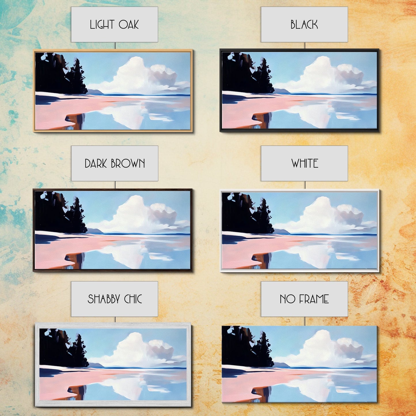 Bewölkte Meereslandschaft mit Spiegelung, ruhiger Küstendruck, minimalistische Meeresdekoration, sanfte Pastelllandschaft, Zen-Kunst für Zuhause, gerahmter Leinwanddruck fürs Schlafzimmer